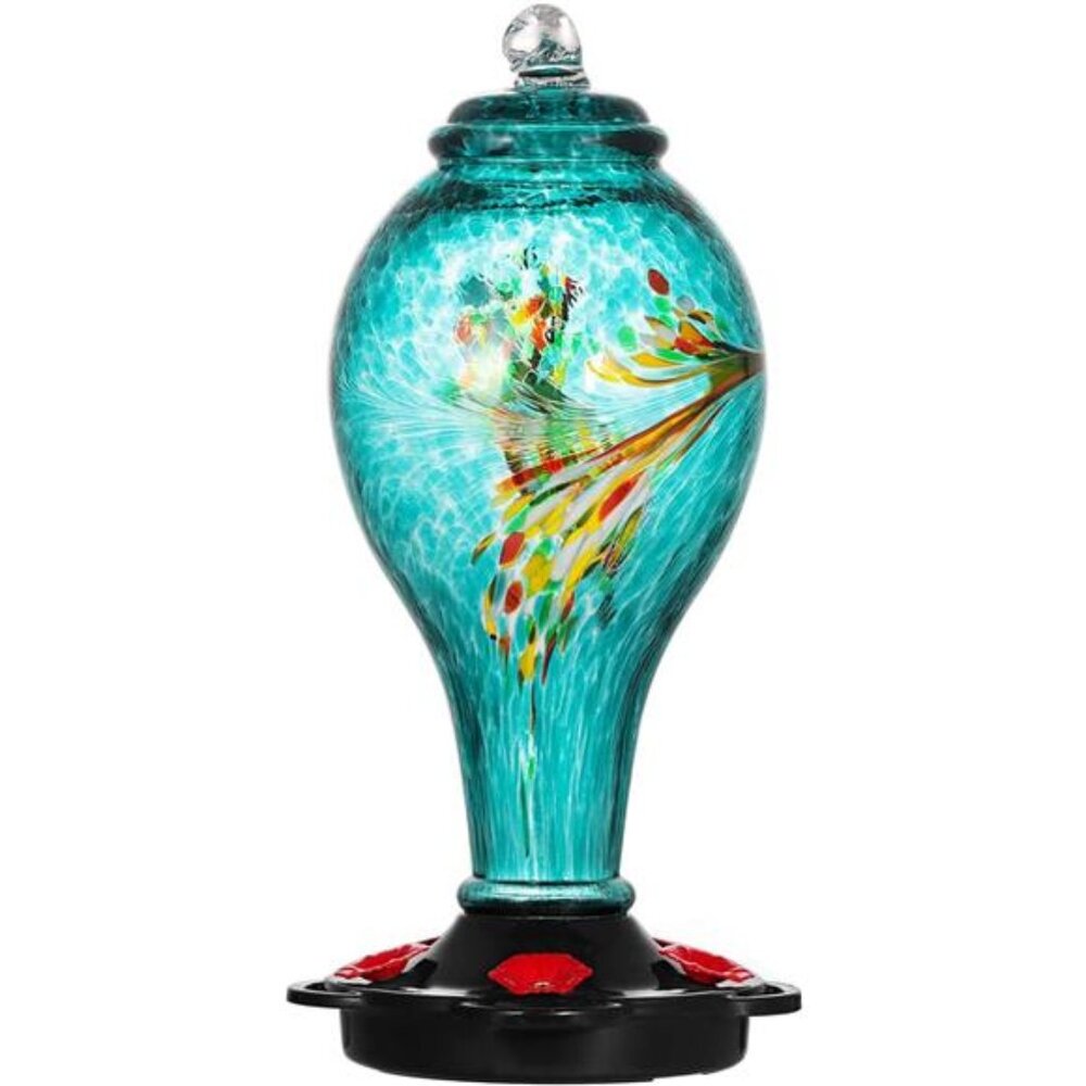 Hummingbird Feeder, Hand Blown Glass Hummingbird Feeder, Never Fade, 36 Ounces